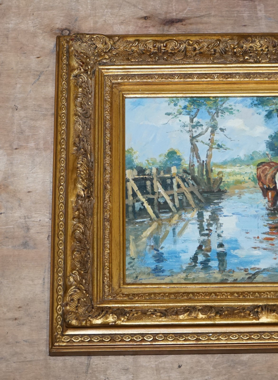 ANTIQUE OIL PAINTING HORSE RIDER CROSSING A STREAM GILTED FRAME 49 X 60 CM