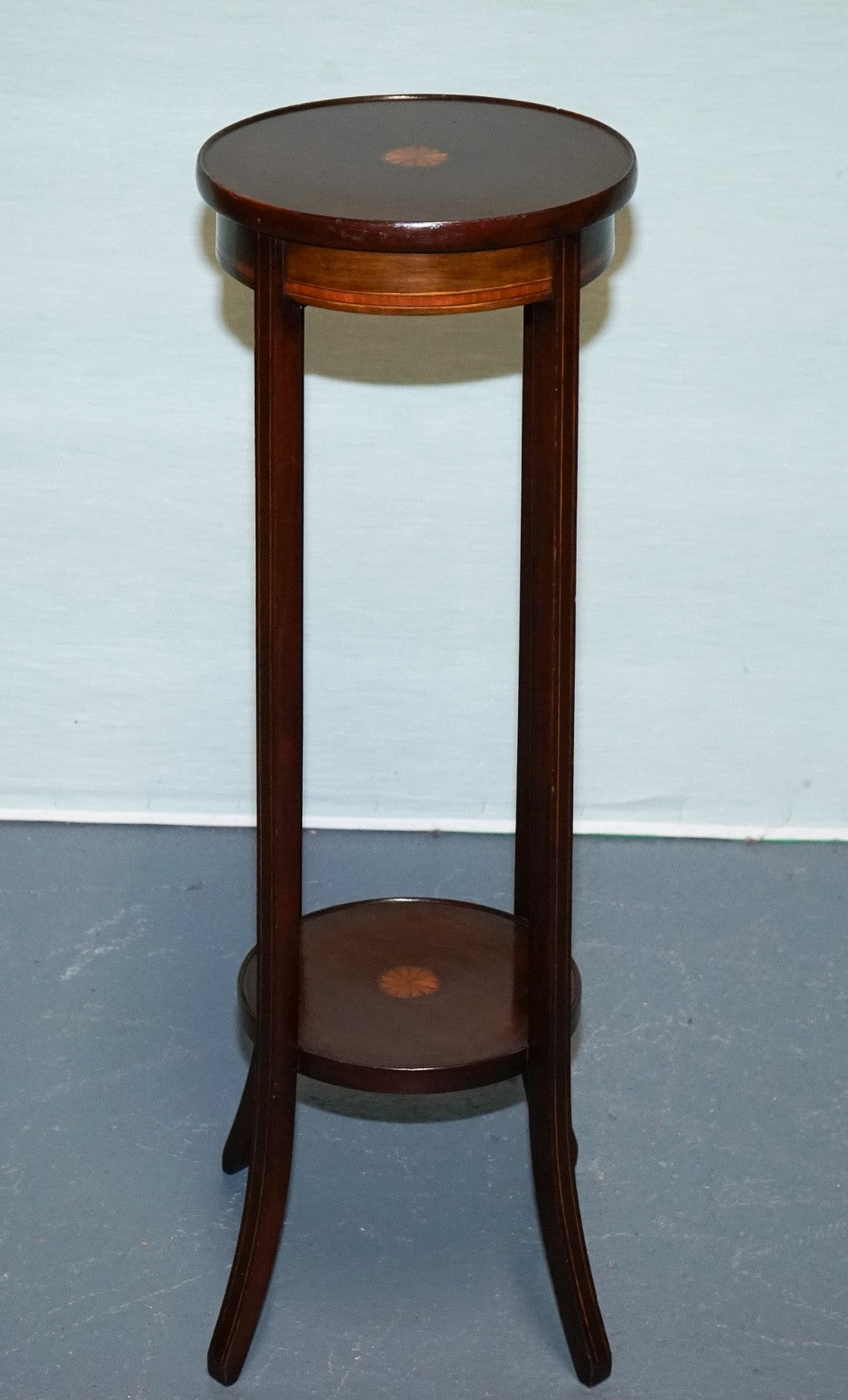 ANTIQUE HARDWOOD TWO TIER PLANT STAND WITH STARBURST MARQUETRY INLAY