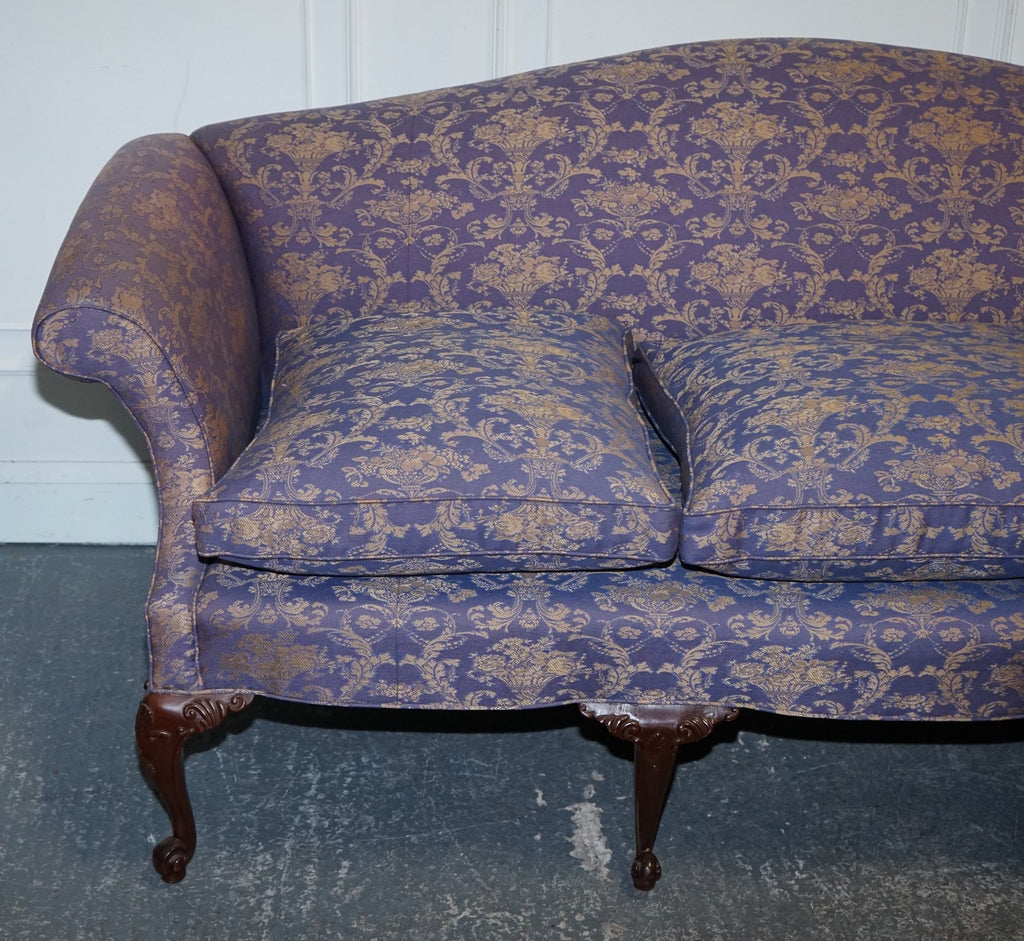 ANTIQUE ENGLISH COUNTRY HOUSE CHIPPENDALE CAMEL BACK FABRIC THREE SEATER SOFA