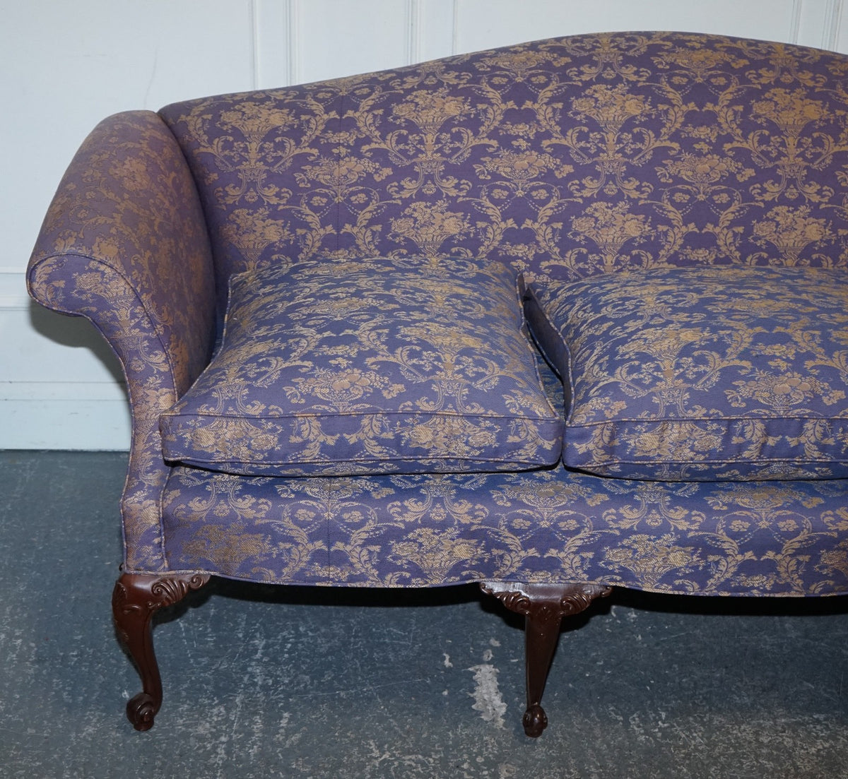 ANTIQUE ENGLISH COUNTRY HOUSE CHIPPENDALE CAMEL BACK FABRIC THREE SEATER SOFA