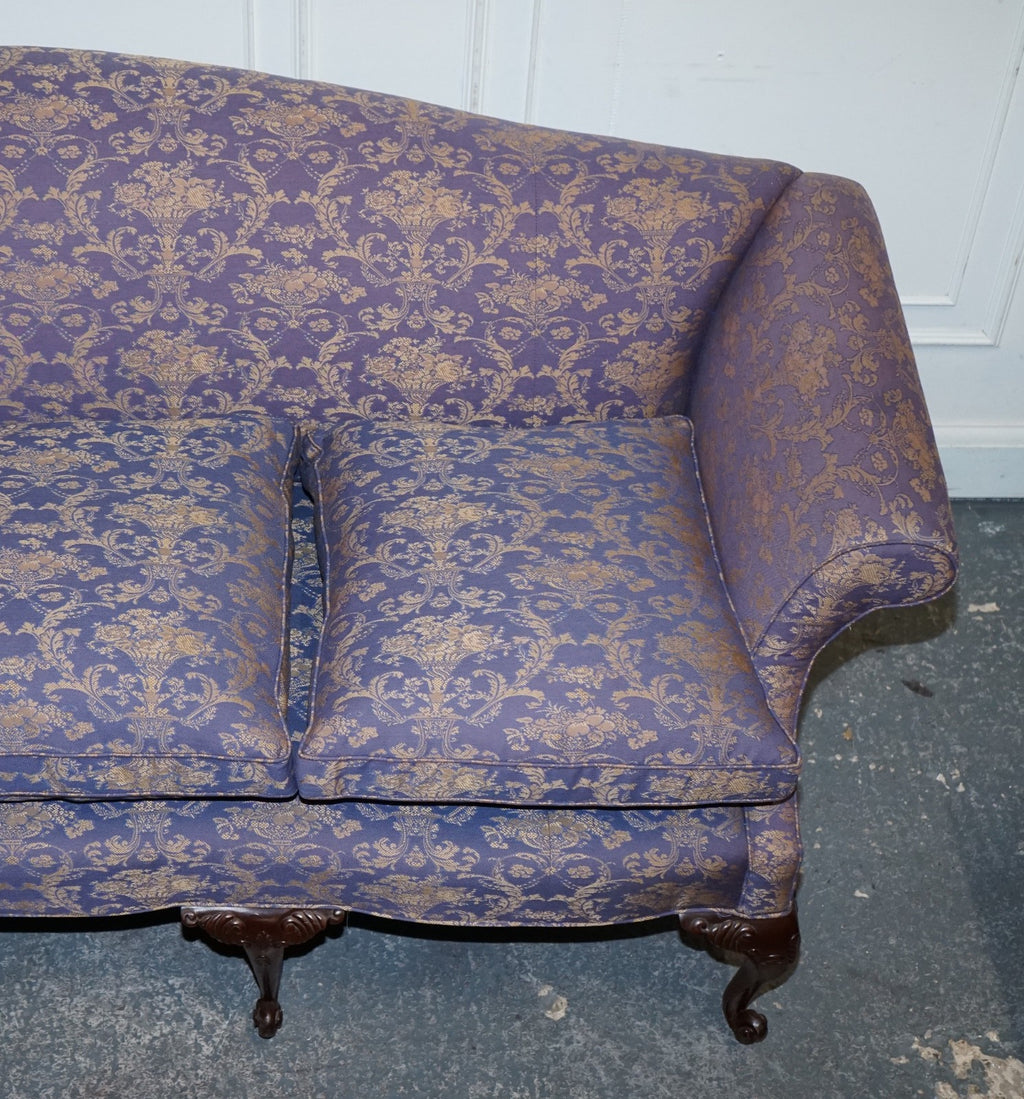 ANTIQUE ENGLISH COUNTRY HOUSE CHIPPENDALE CAMEL BACK FABRIC THREE SEATER SOFA