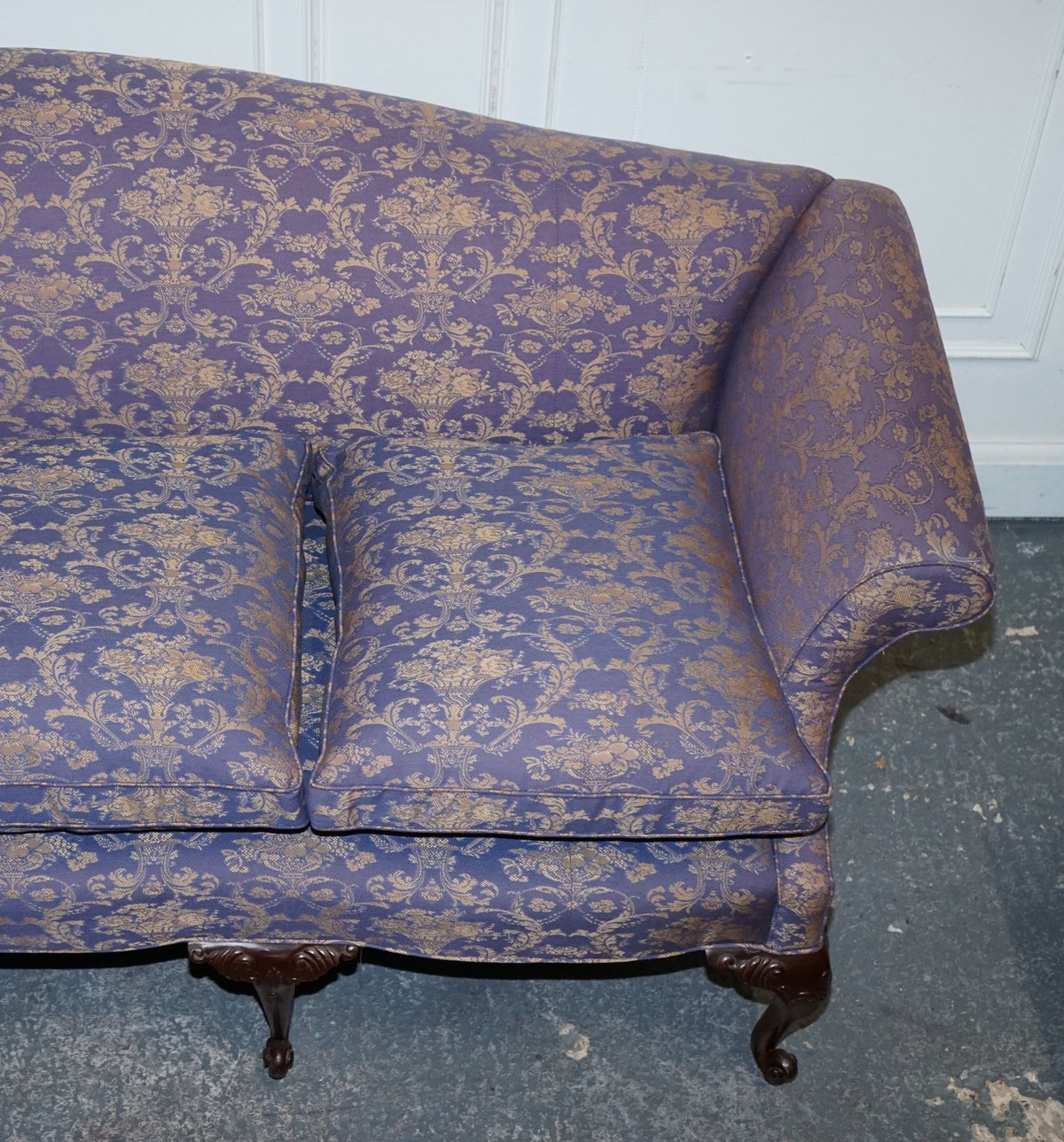 ANTIQUE ENGLISH COUNTRY HOUSE CHIPPENDALE CAMEL BACK FABRIC THREE SEATER SOFA