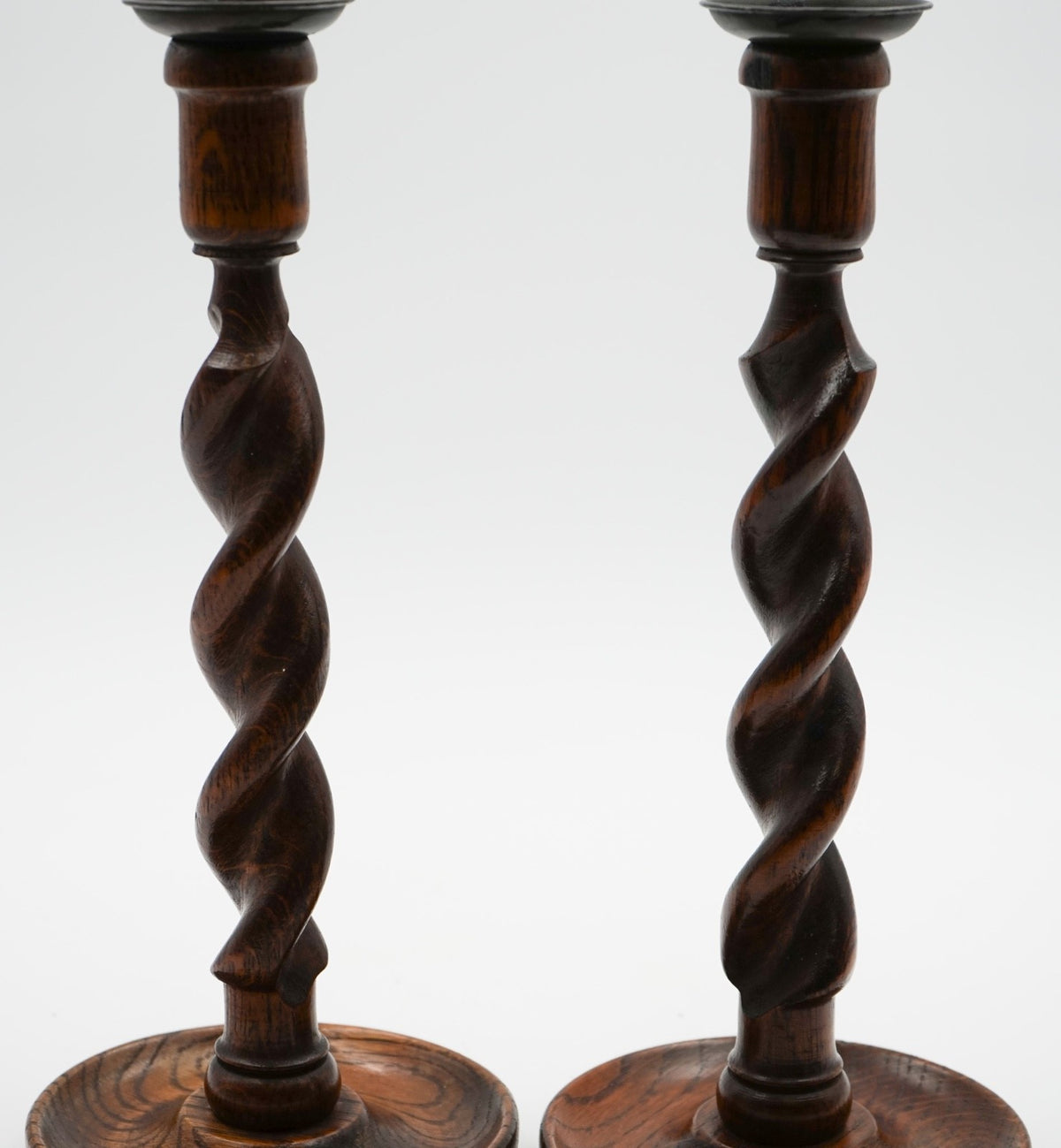 EARLY ViCTORIAN PAIR OF ENGLISH OAK BARLEY TWIST CANDLE STICKS (4)