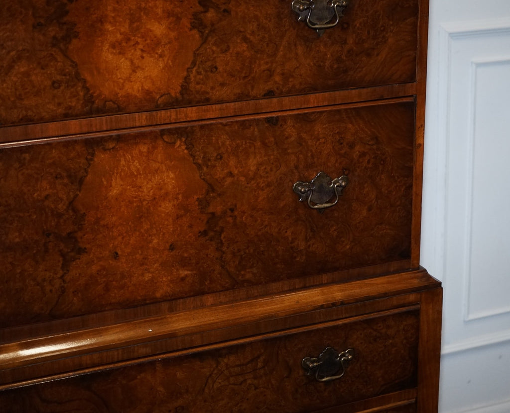ANTIQUE GEORGIAN STYLE BURR WALNUT CHEST ON STAND WITH QUEEN ANNE LEGS