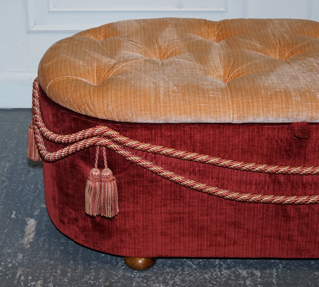 ANTIQUE VICTORIAN FABRIC OTTOMAN BLANKET BED END STORAGE BOX WITH TASSEL ACCENTS