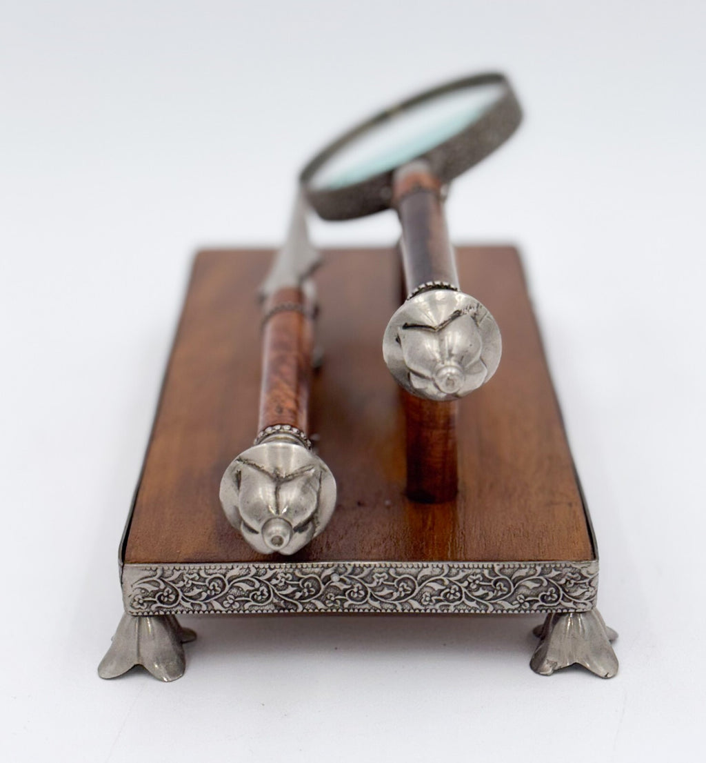 ANTIQUE ENGLISH WALNUT RECEPTION DESK LETTER SET MAGNIFYING GLASS