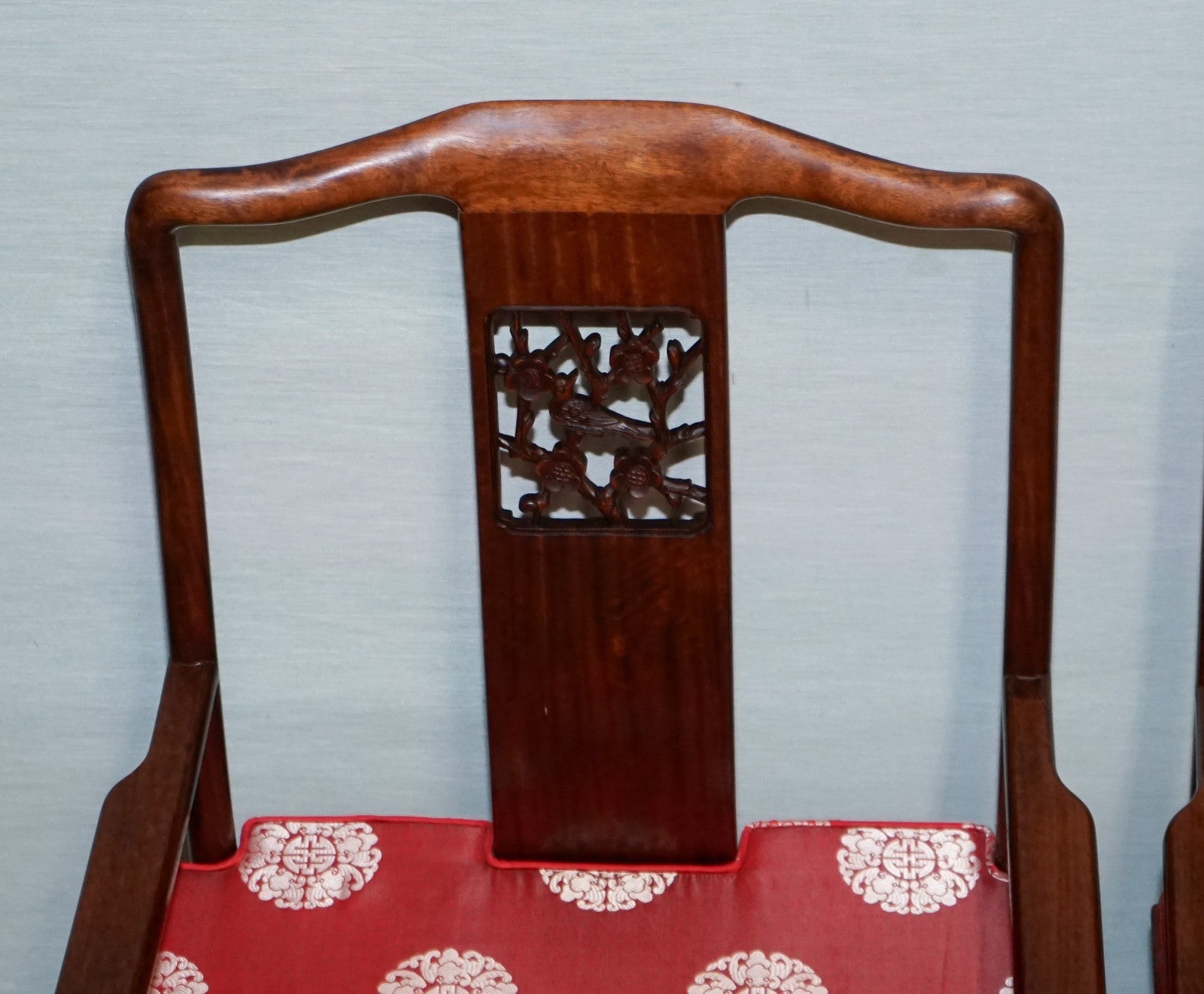 SET OF TEN VINTAGE ORIENTAL CHINESE HARDWOOD CARVER DINING ARMCHAIRS W/ CUSHIONS