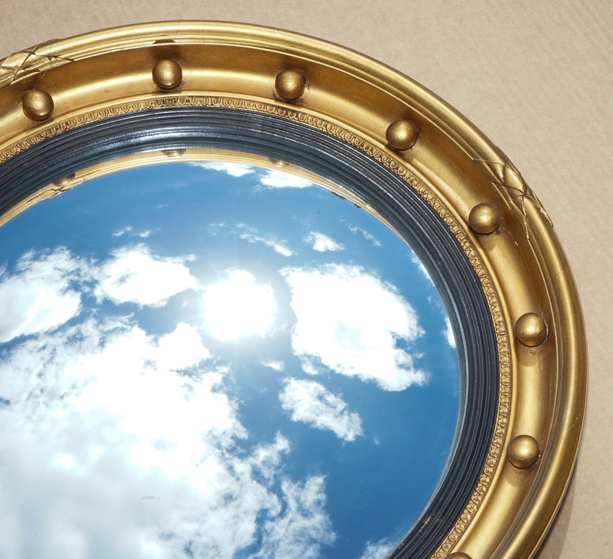 ANTIQUE 1920S BUTLERS CONVEX GOLD GILT WOOD WALL MIRROR