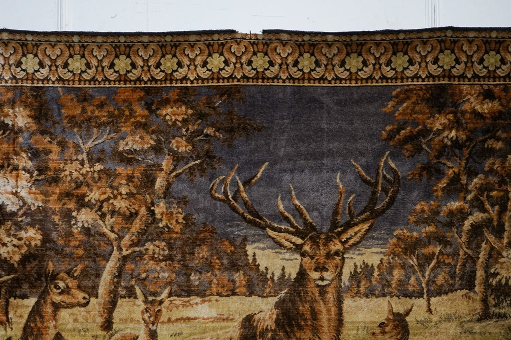 VINTAGE WOVEN WALL TAPESTRY WOODLAND STAG & DEER SCENE RUSTIC HUNTiNG LODGE