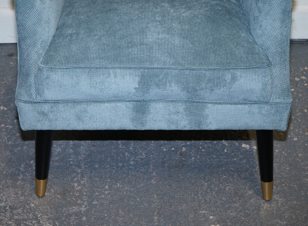 ELEGANT PALE BLUE VELVER SIDE CHAIR ARMCHAIR WITH BLACK AND GOLD LEGS