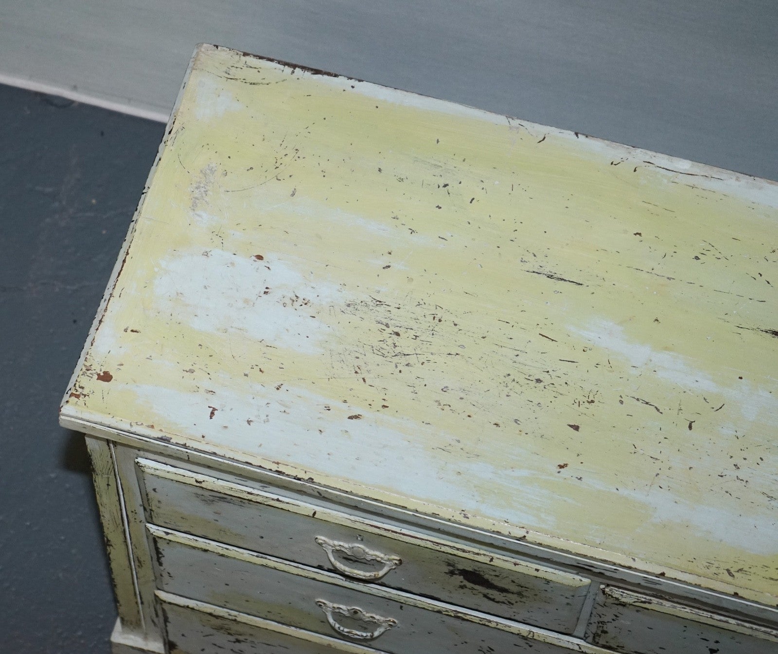 ANTIQUE HAND PAINTED PALE PINE GREEN THREE DRAWER CHEST OF DRAWERS
