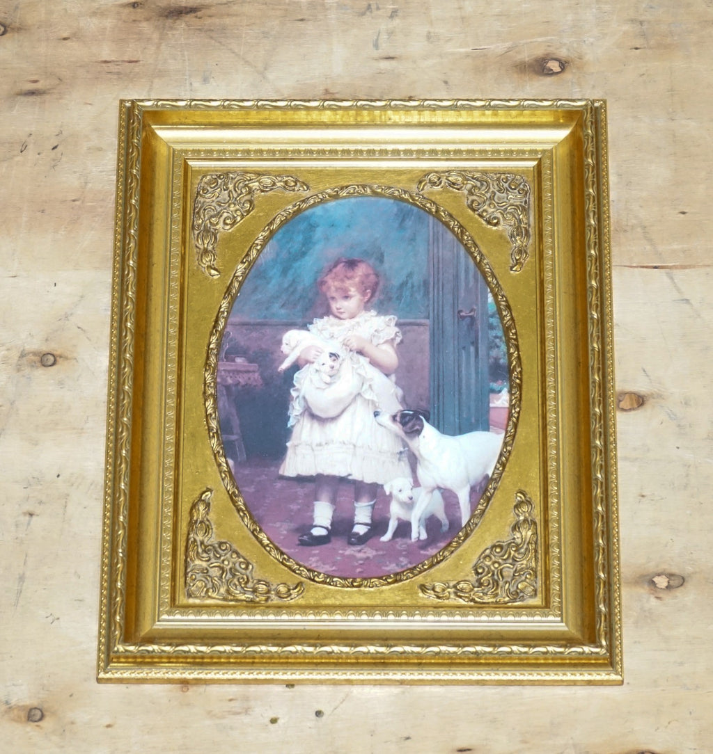 VINTAGE VICTORIAN STYLE PRINT GIRL WITH DOG AND PUPPIES GITLED FRAME 52 X 42 CM