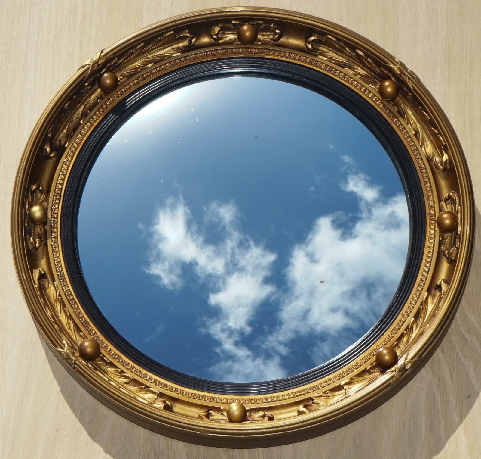 ANTIQUE PAIR OF 1930'S ATSONEA  BUTLERS CONVEX GOLD GILT WOOD WALL MIRROR