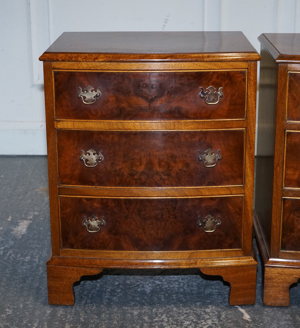 PAIR OF RESTORED BURR WALNUT BEDSIDE NIGHTSTAND CHEST OF DRAWERS