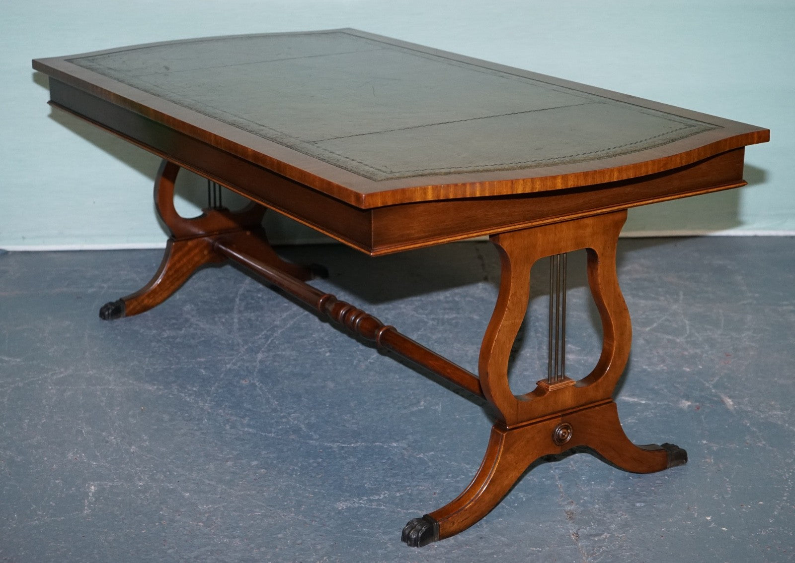 LARGE VINTAGE HUNTER GREEN LEATHER TOP COFFEE TABLE