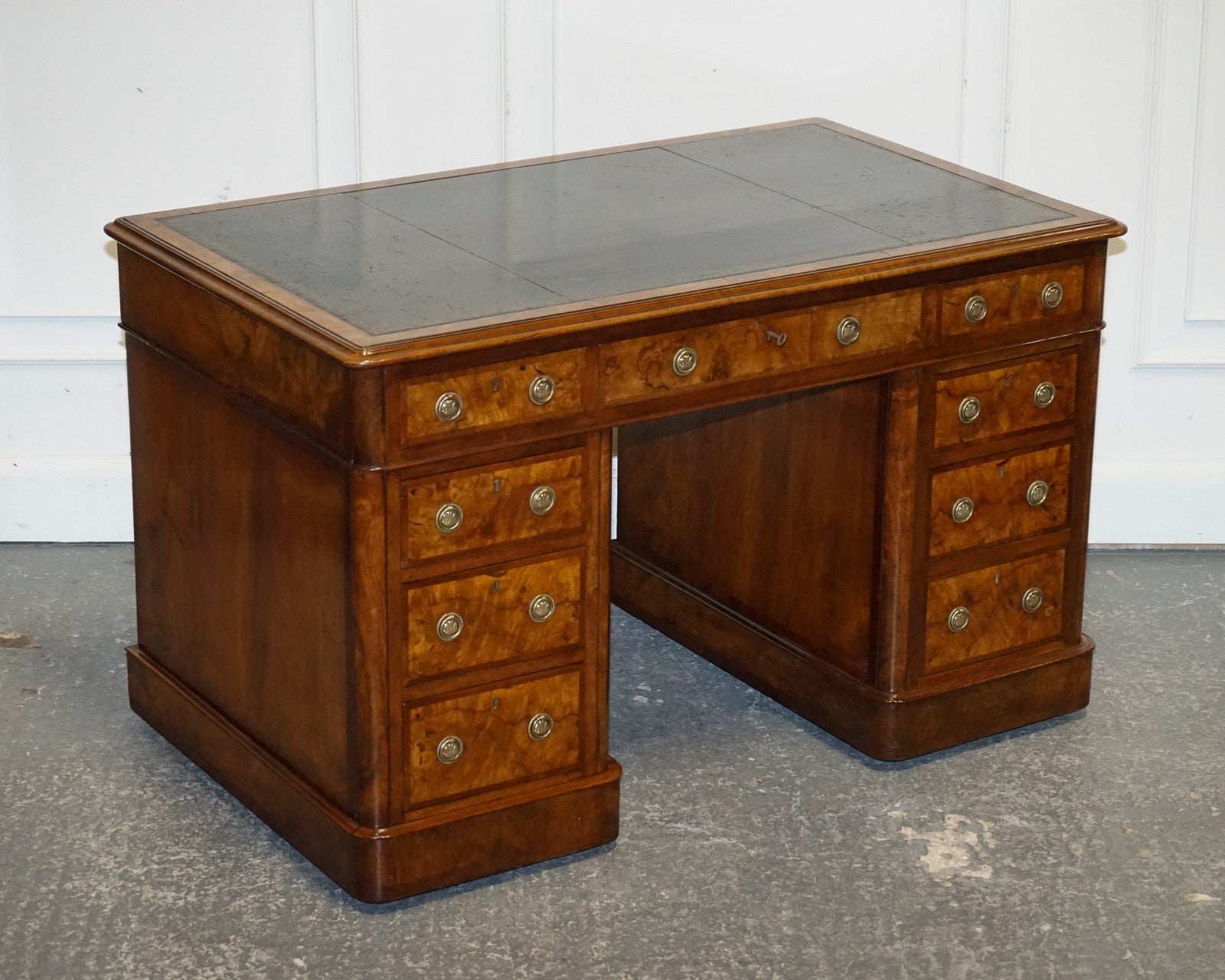 IMPORTANT ROYAL DRUCE & CO LONDON 1840's RESTORED BURR WALNUT TWIN PEDESTAL DESK
