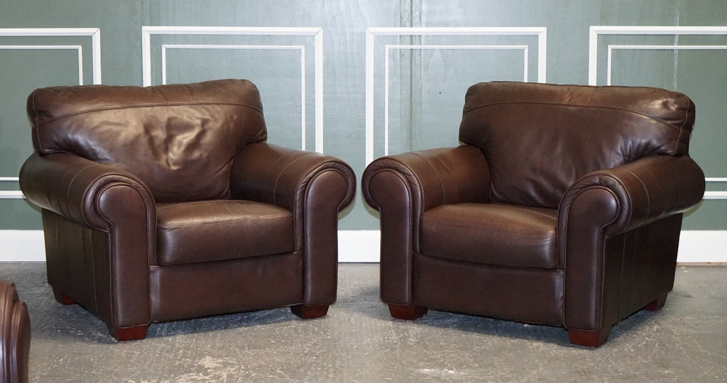 PAIR OF LARGE COMFORTABLE BROWN LEATHER ARMCHAIRS, MATCHING SOFA AVAILABLE