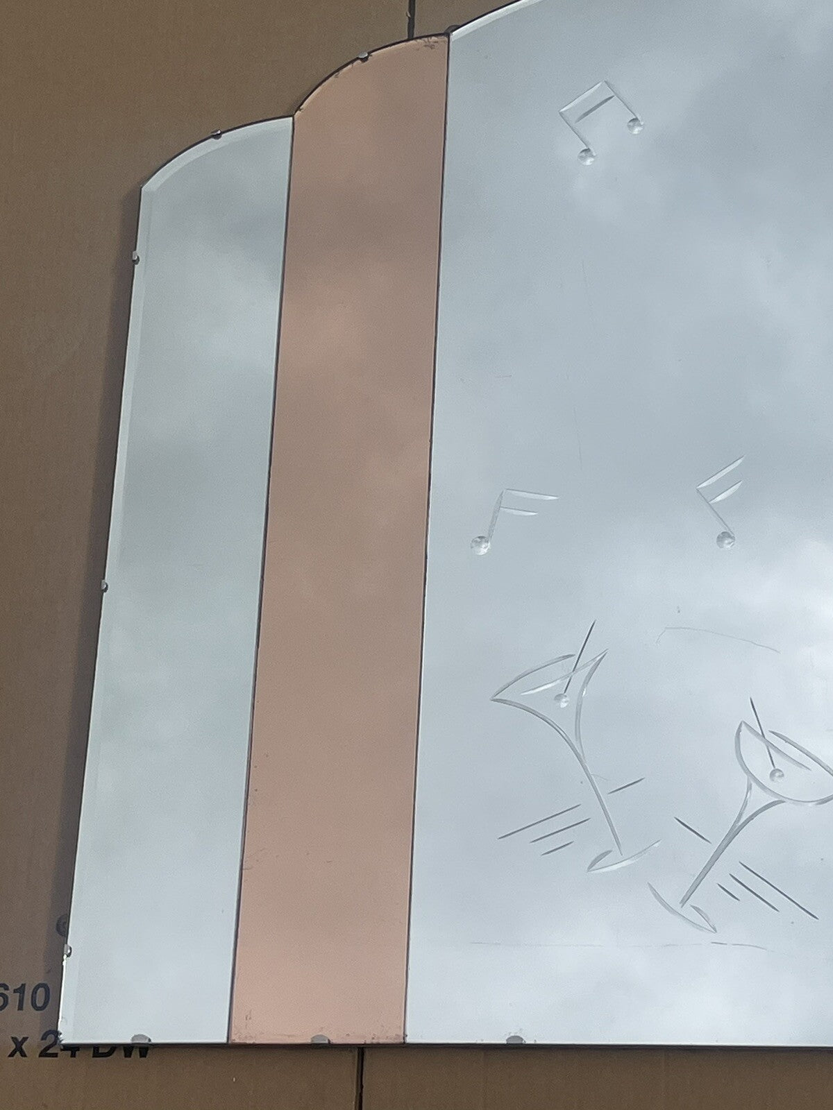 HUGE 1930's FRENCH ART DECO AMBER PEACH BEVELLED WALL MIRROR COCTAILS BAR DECO