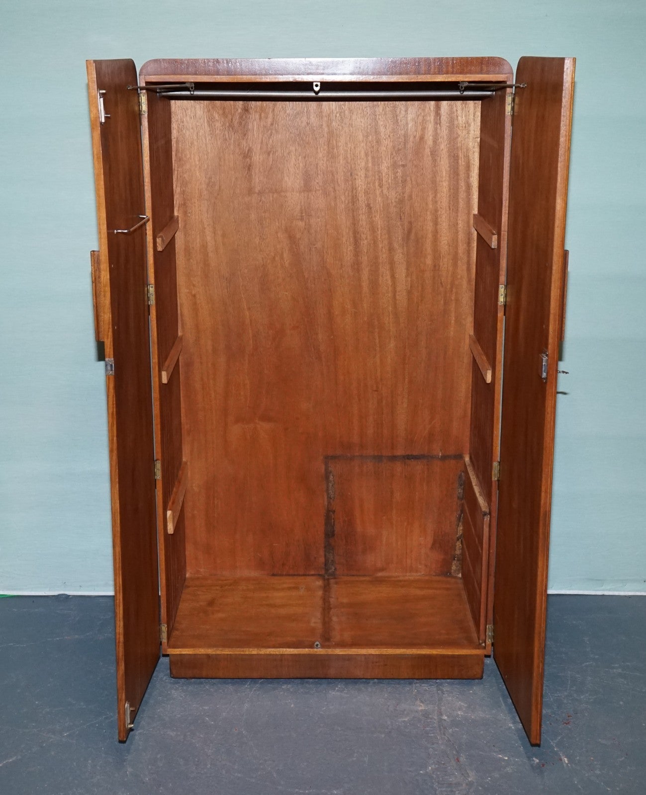 1930s PETITE VINTAGE ENGLISH ART DECO BURR WALNUT DOUBLE WARDROBE LINEN PRESS