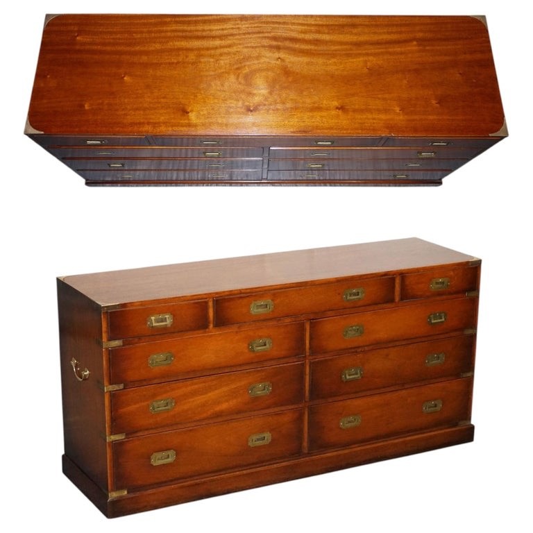 VINTAGE YEW WOOD MILITARY CAMPAIGN SIDEBOARD BANK OF DRAWERS WITH BRASS HANDLES