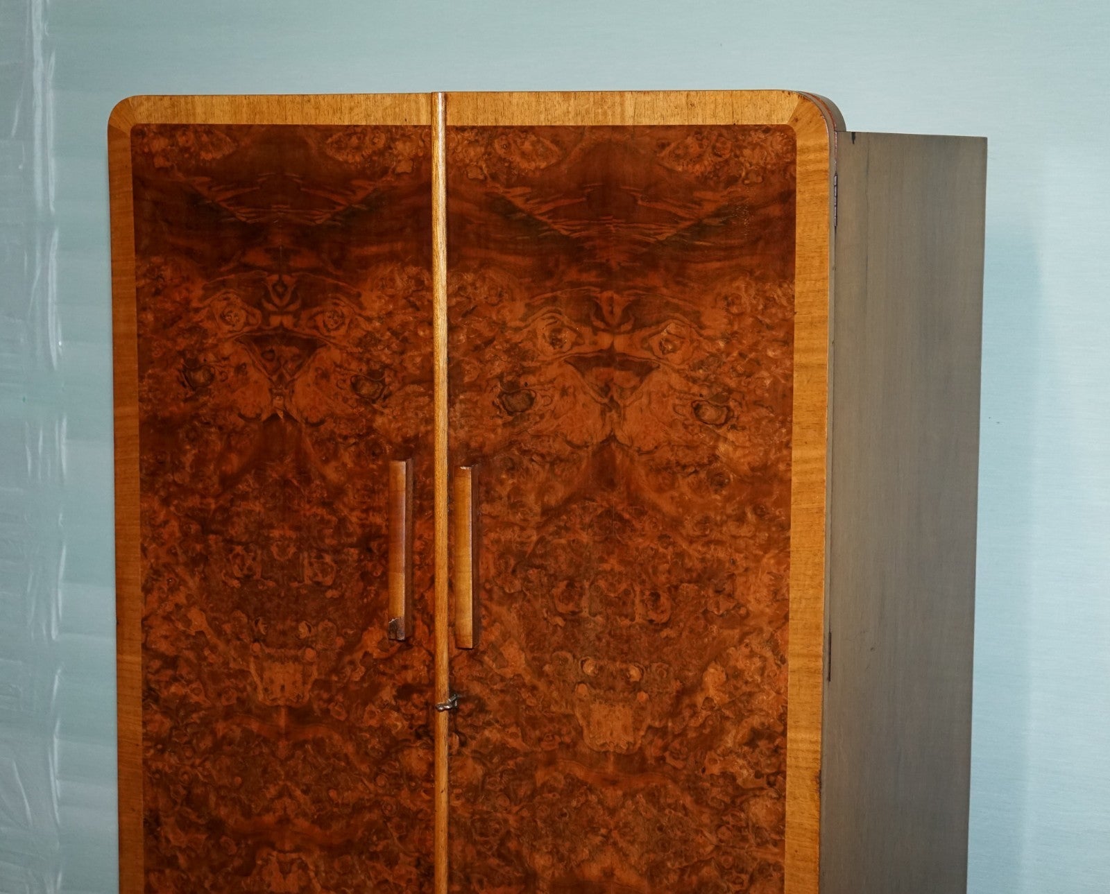 1930s PETITE VINTAGE ENGLISH ART DECO BURR WALNUT DOUBLE WARDROBE LINEN PRESS