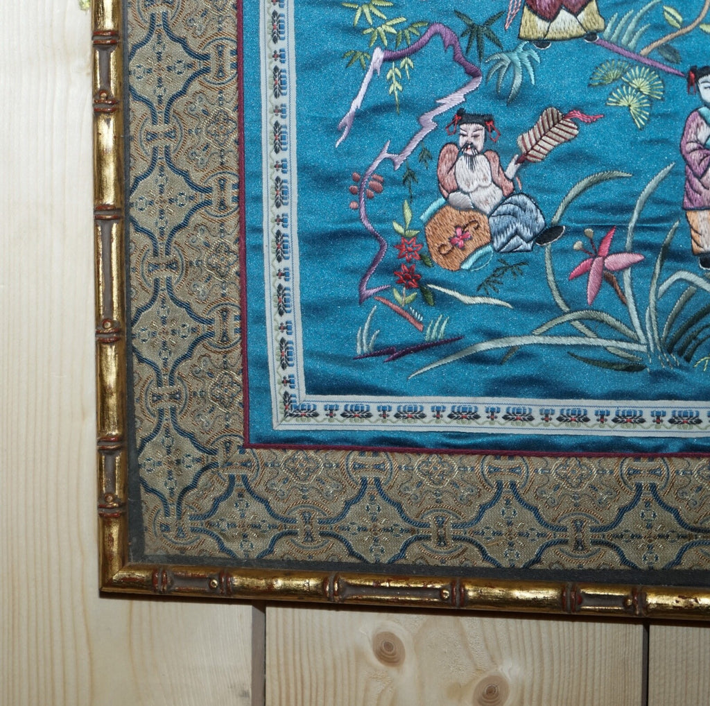VINTAGE CHINESE HAND EMBROIDERED SILK TAPESTRY PANEL IN FAUX GILT BAMBOO FRAME