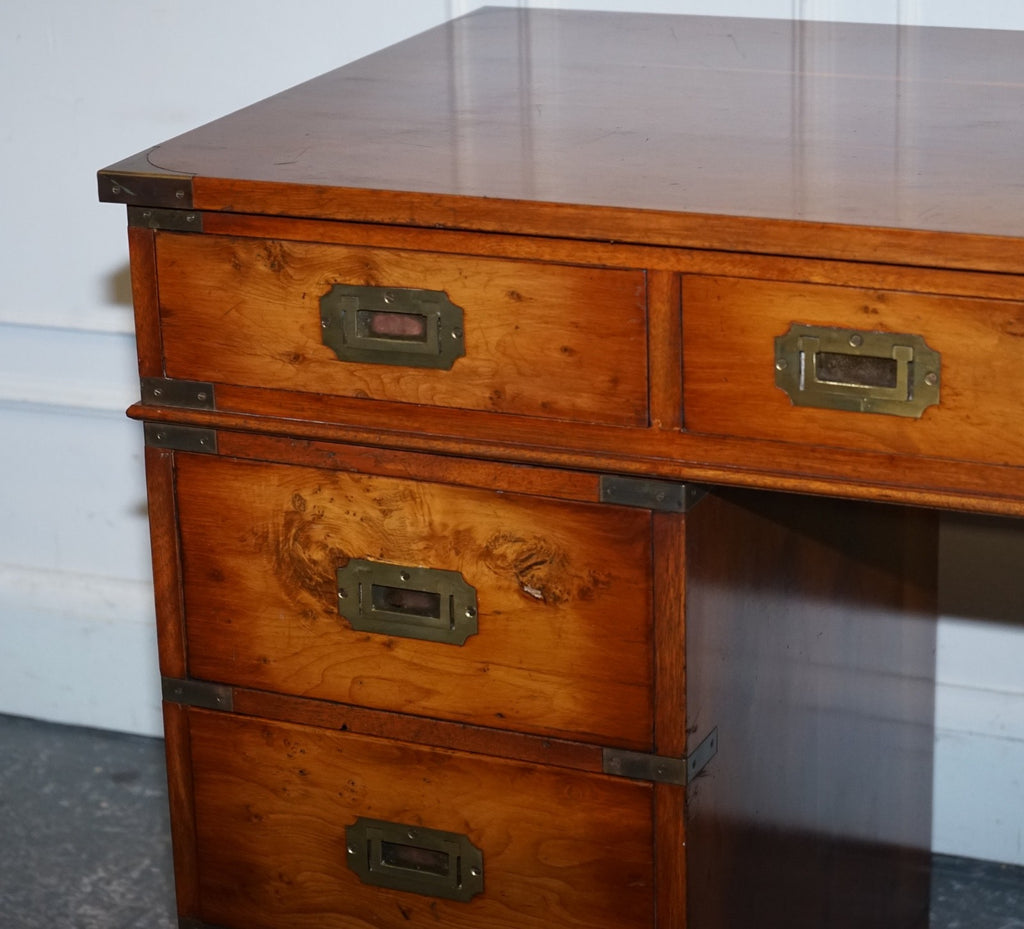 VINTAGE MILITARY CAMPAIGN YEW WOOD TWIN PEDESTAL DESK