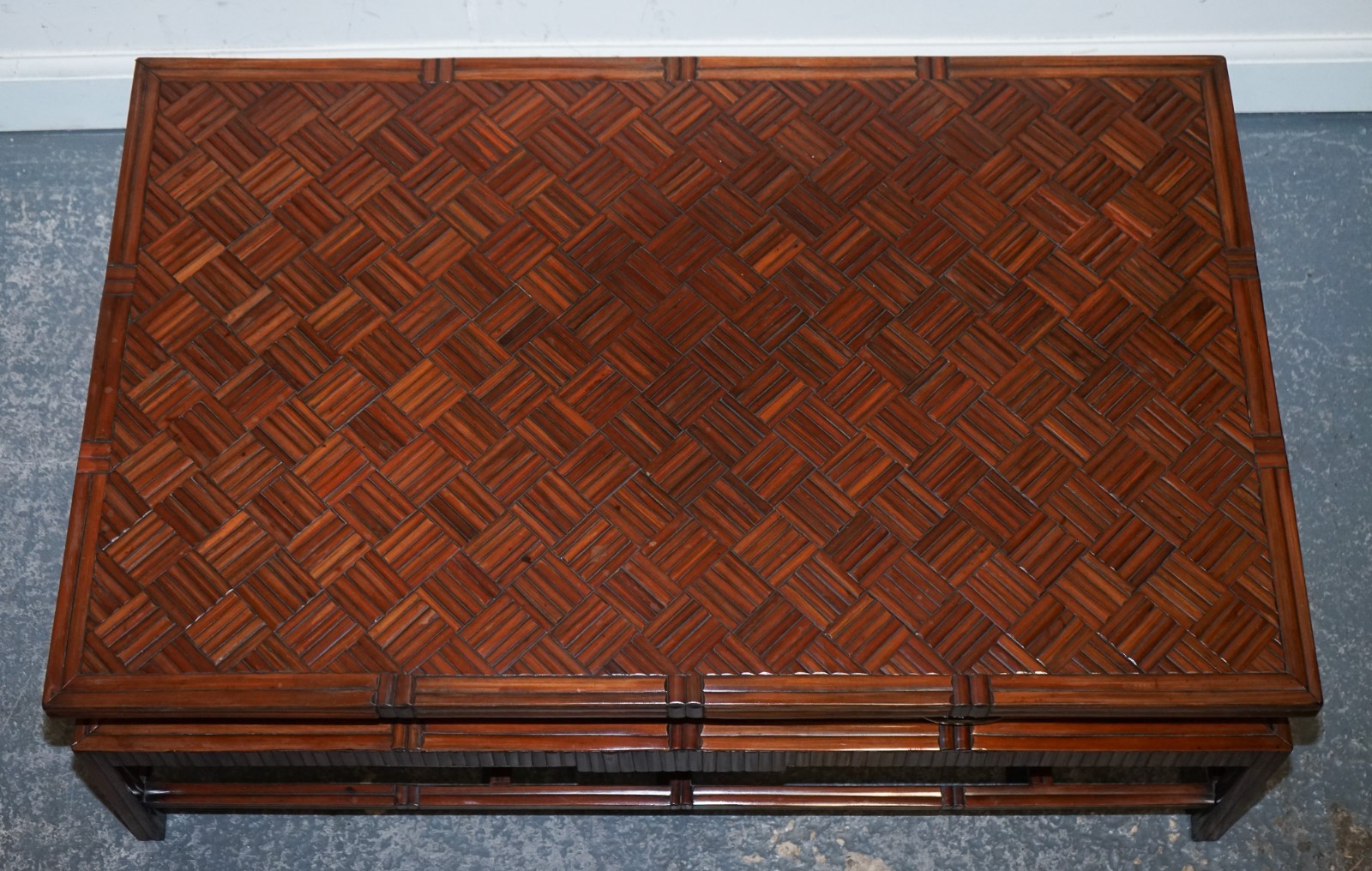 CIRCA 1950'S  MAITLAND & CLASCOE WAVEN FAUX BAMBOO PAGODA COFFEE TABLE DRAWERS