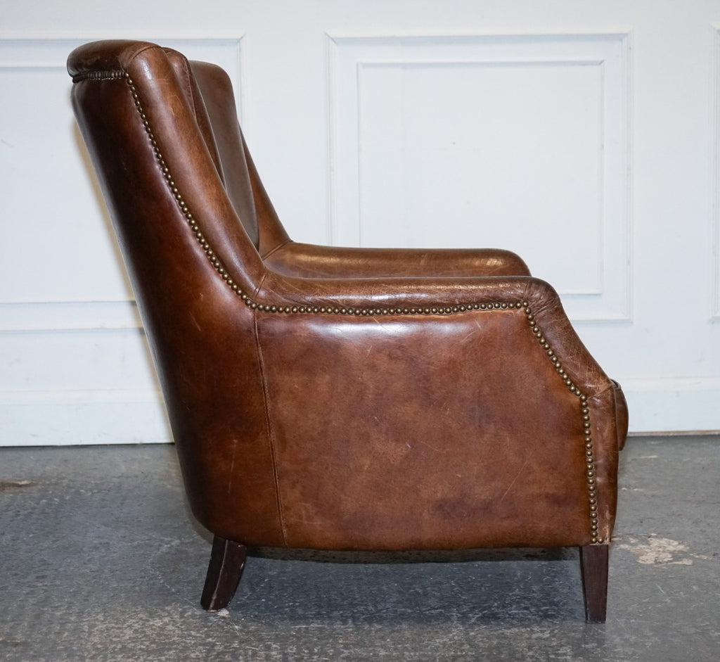 VINTAGE BROWN HERITAGE LEATHER READING LOUNGE ARMCHAIR HALO TIMOTHY OULTON STYLE