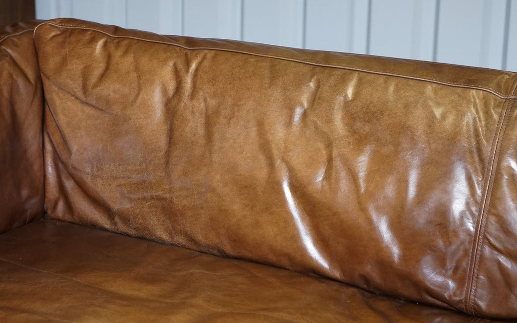 LARGE COMFORTABLE HALO GROUCHO BROWN LEATHER THREE SEATER SOFA