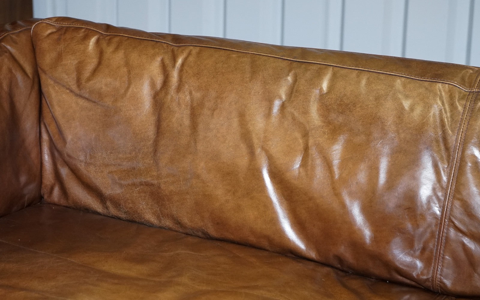 LARGE COMFORTABLE HALO GROUCHO BROWN LEATHER THREE SEATER SOFA