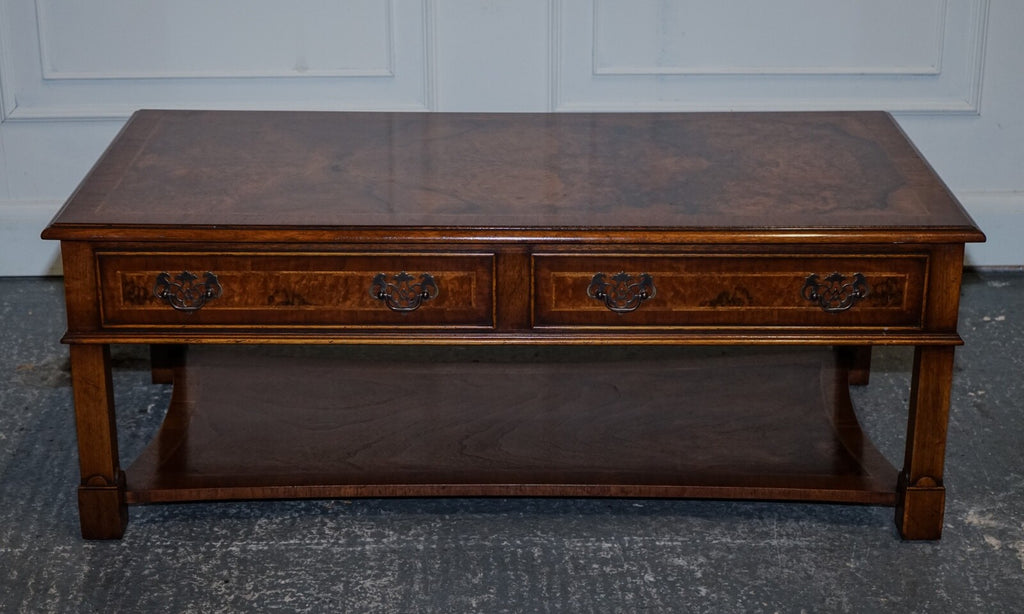 VINTAGE BRIGHTS OF NETTLEBED BURR WALNUT COFFEE TABLE WITH TWO DEEP DRAWERS