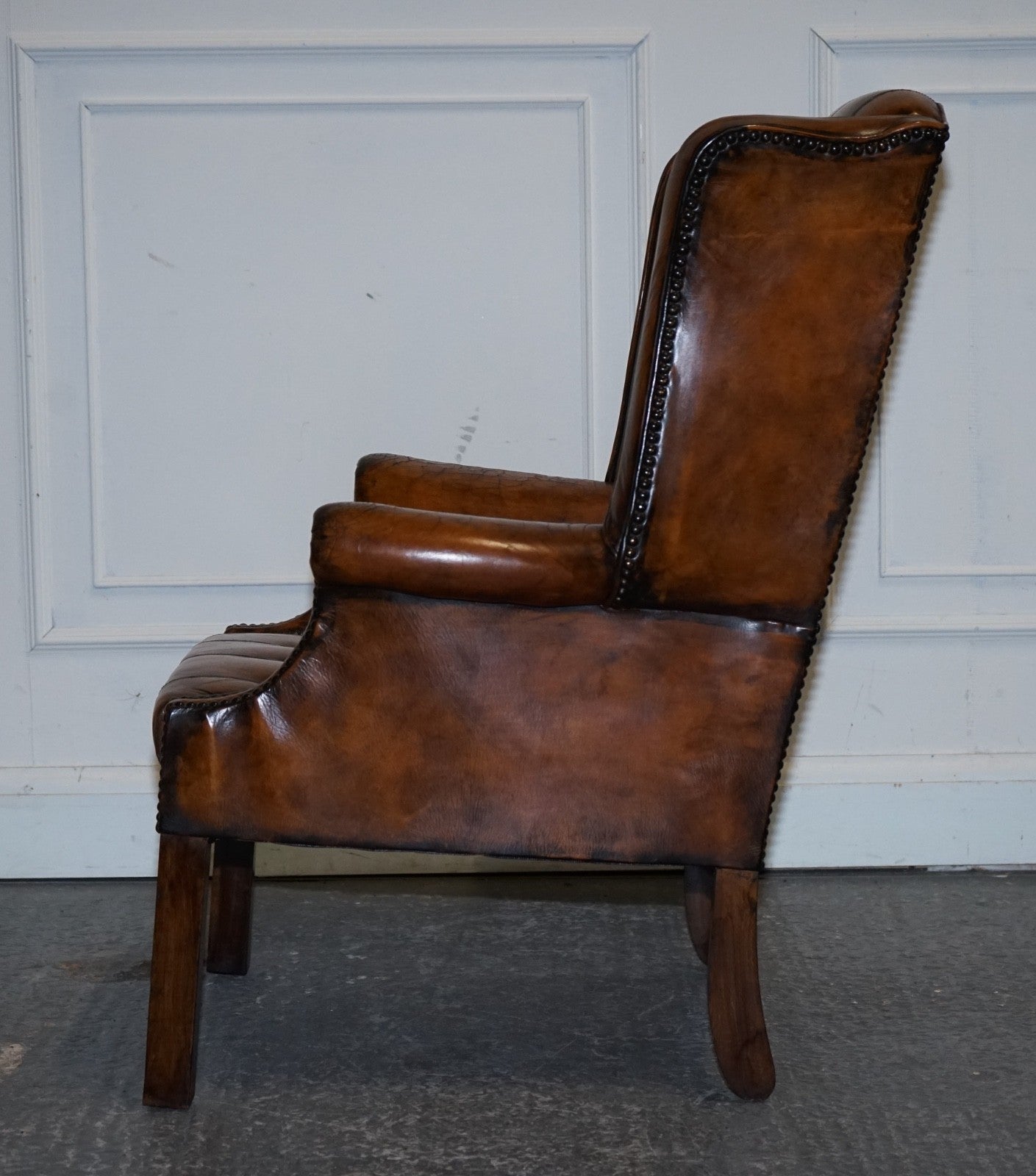 STUNNING 1960'S HAND DYED BROWN LEATHER CHESTERFIELD WINGBACK ARMCHAIRS