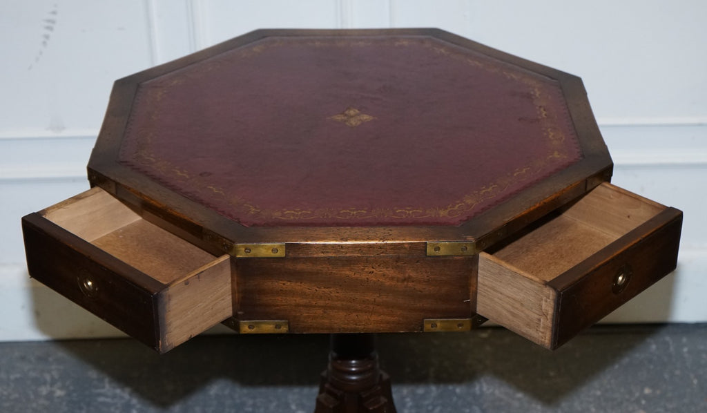 REVOLVING MILITARY CAMPAIGN BURGUNDY LEATHER DRUM SIDE END TABLE BEVAN FUNNELL