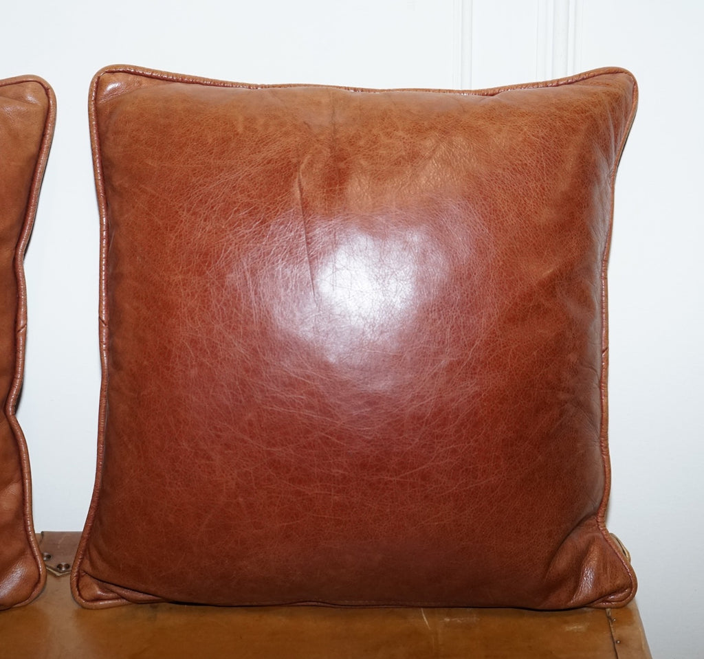 VINTAGE PAIR OF FEATHER FILLED CHESTNUT BROWN LEATHER & FABRIC SCATTER CUSHIONS