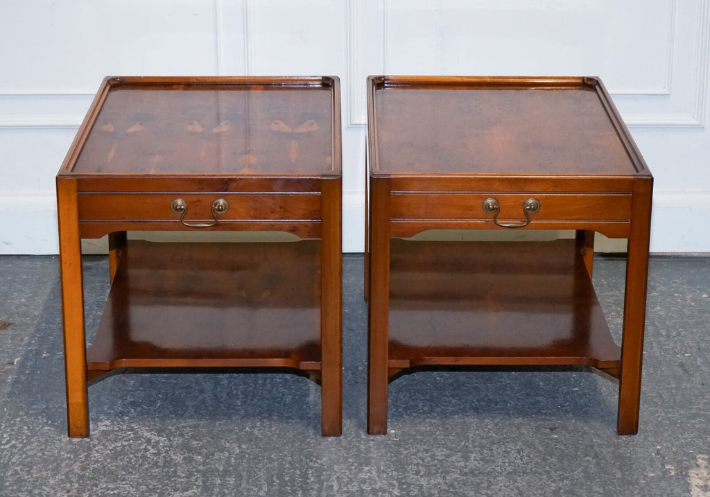 VINTAGE PAIR OF BEVAN FUNNELL YEW WOOD TWO TIERED SIDE LAMP SIDE TABLES