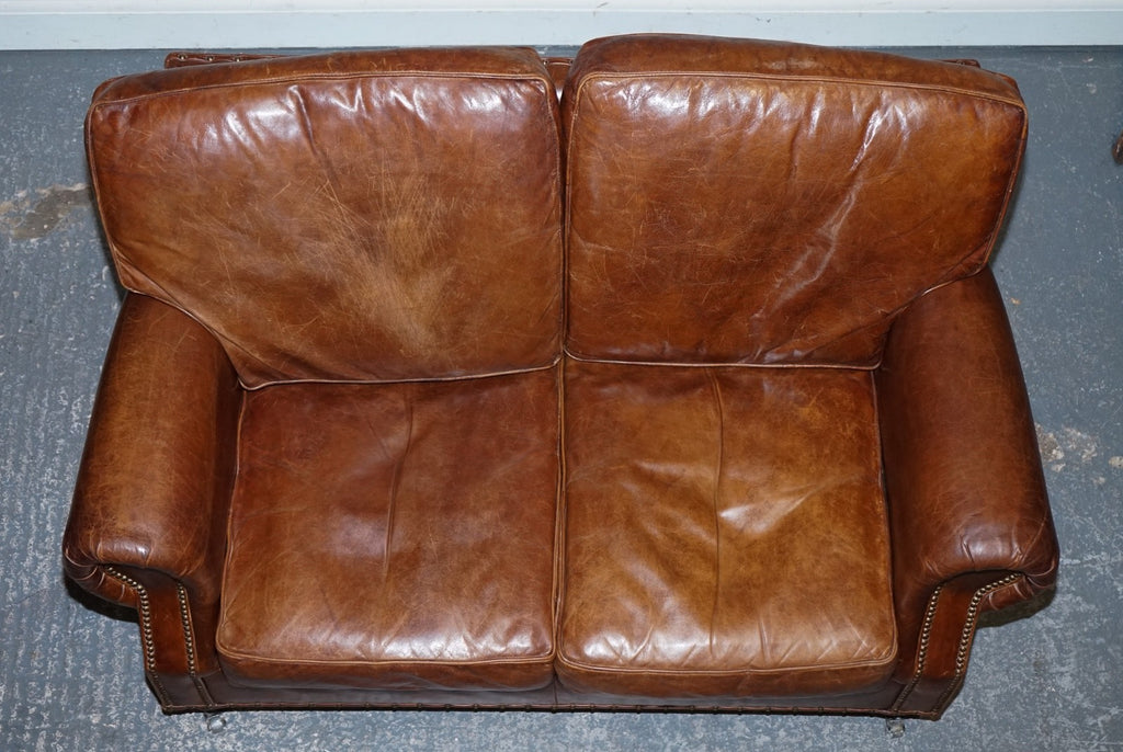 HALO TIMOTHY OULTON STYLE BALMORAL TWO SEATER BROWN HERITAGE LEATHER SOFA