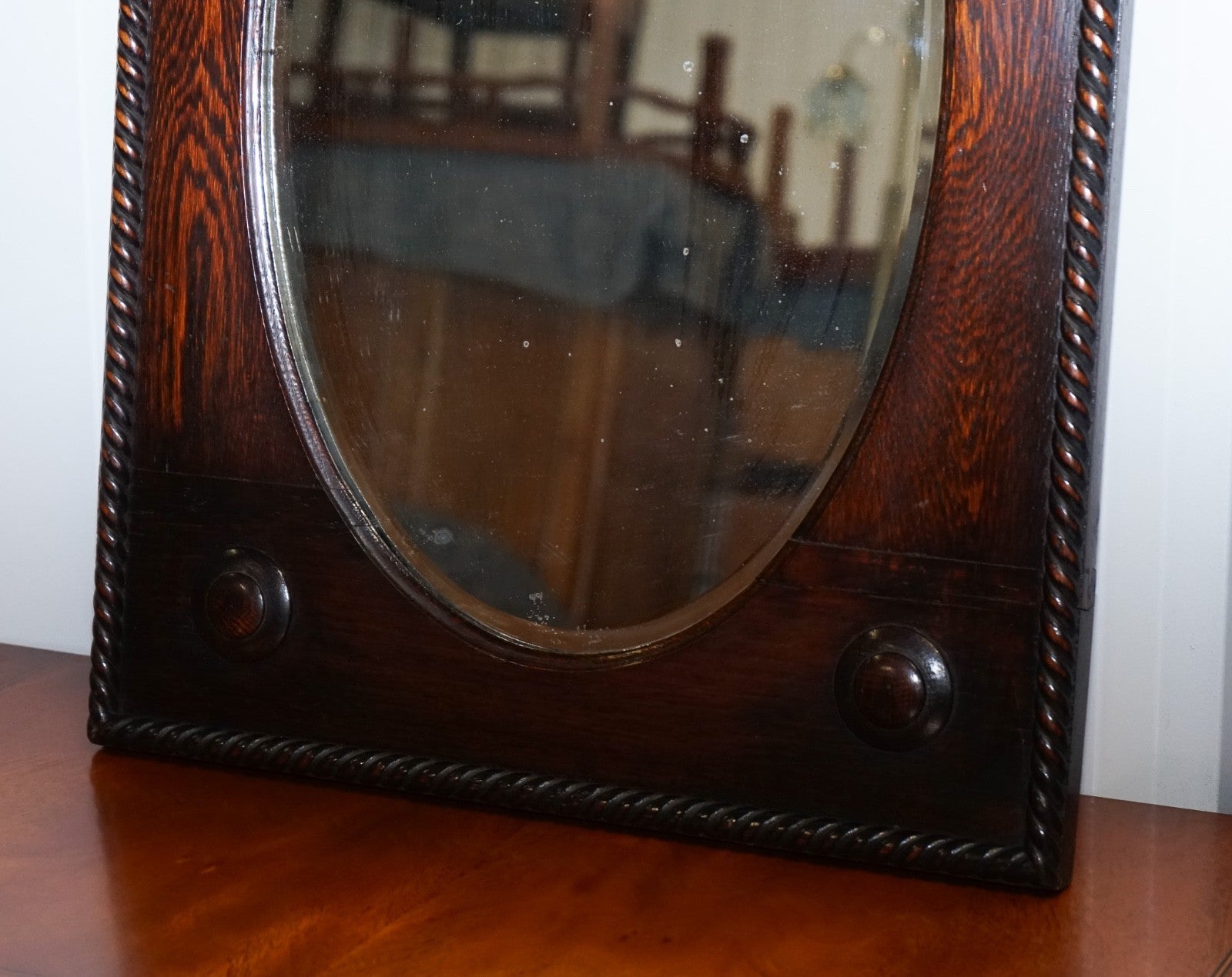 ANTIQUE ENGLISH ARTS & CRAFTS OAK WALL MIRROR