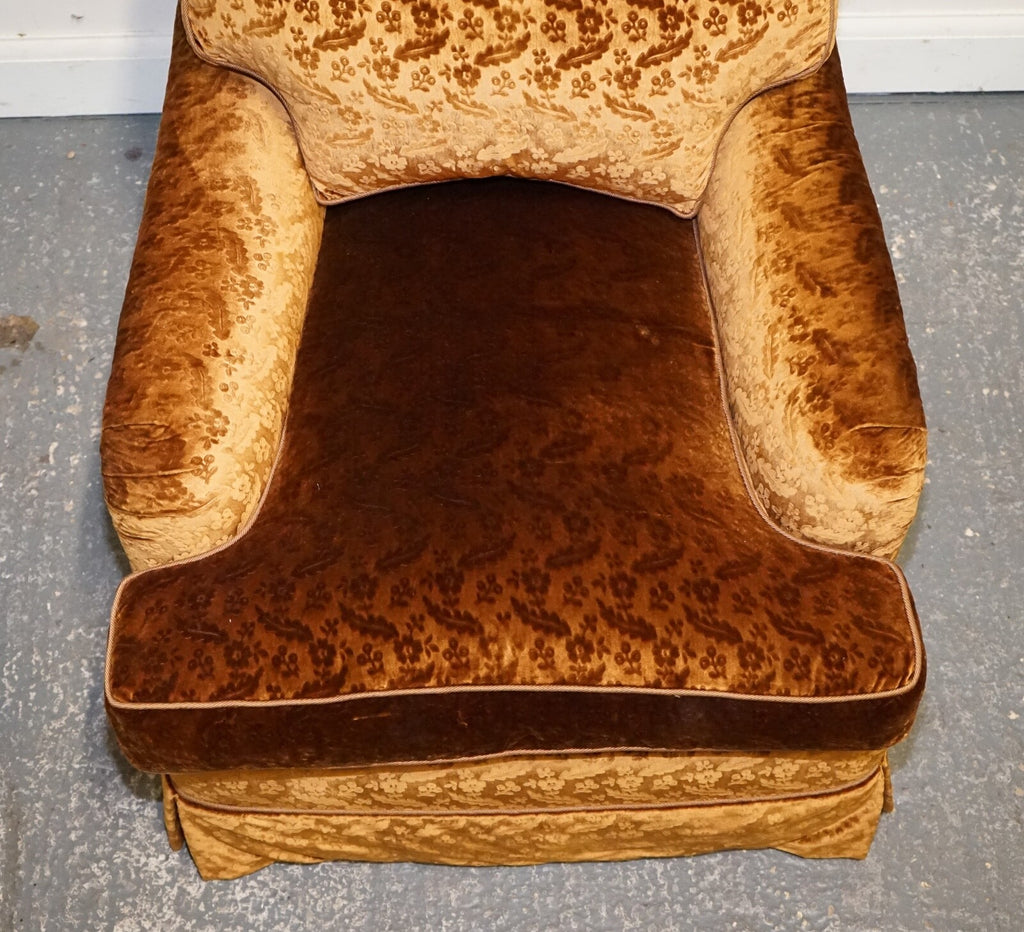 VINTAGE PAIR CUSTOM MADE BROWN GOLD VELVET CONNAUGHT ARMCHAIRS BY DUDGEON LONDON