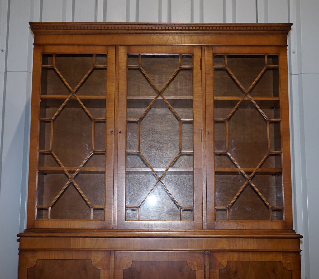 VINTAGE ENGLISH BURR YEW WOOD 3 DOOR ASTRAGAL GLAZED DISPLAY BOOKCASE CABINET