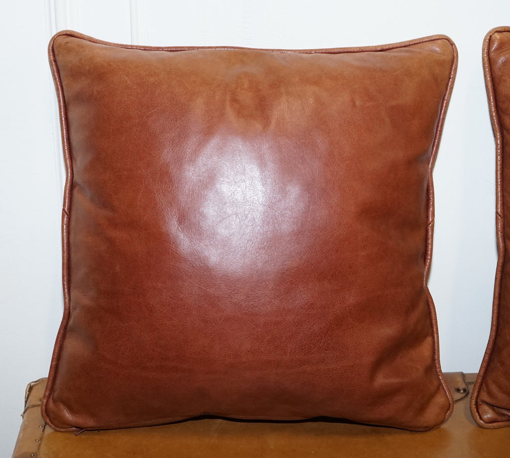 VINTAGE PAIR OF FEATHER FILLED CHESTNUT BROWN LEATHER & FABRIC SCATTER CUSHIONS