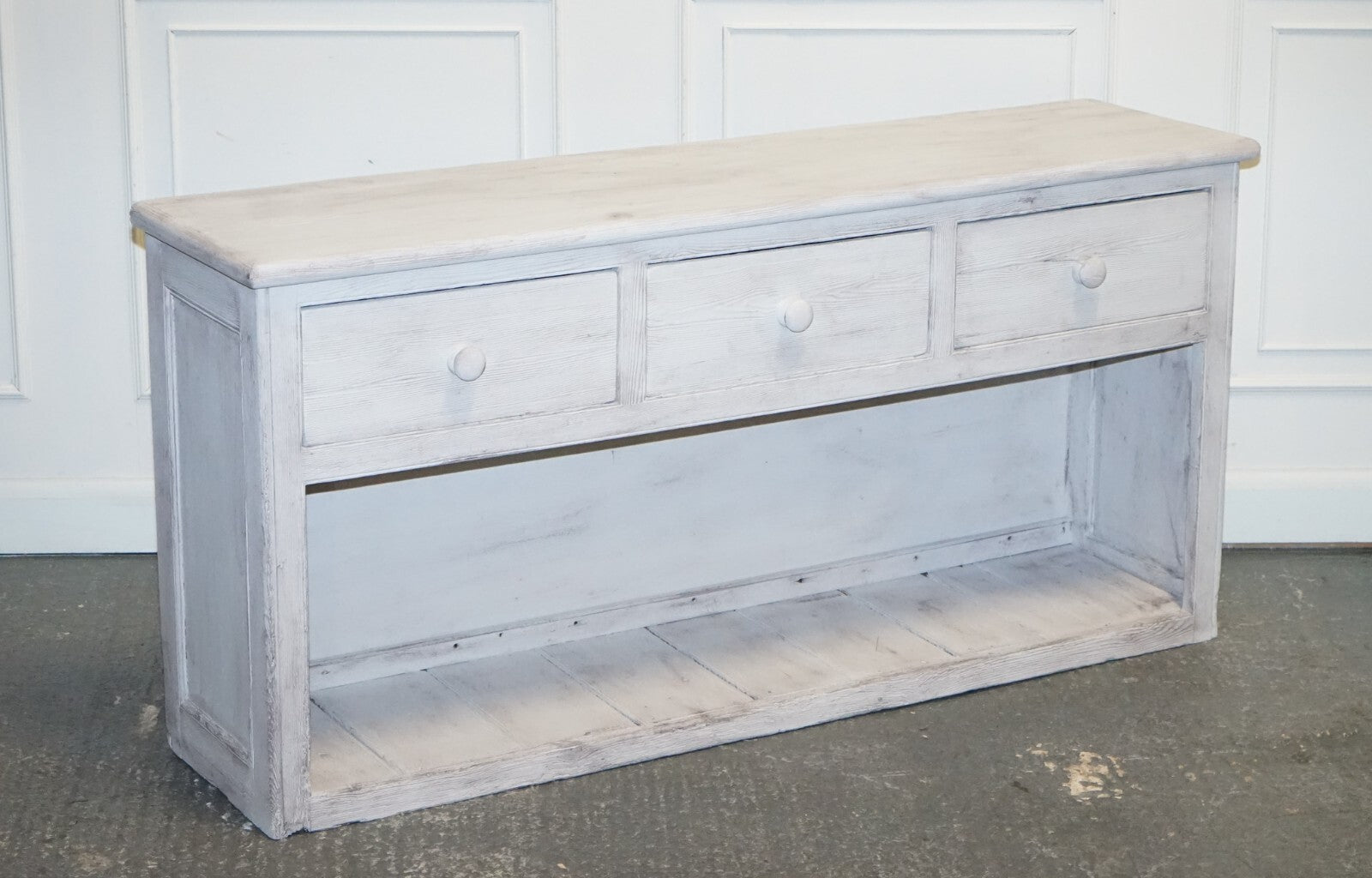 ANTIQUE HAND PAINTED ENGLISH PINE FARMHOUSE SIDEBOARD WITH THREE DRAWERS