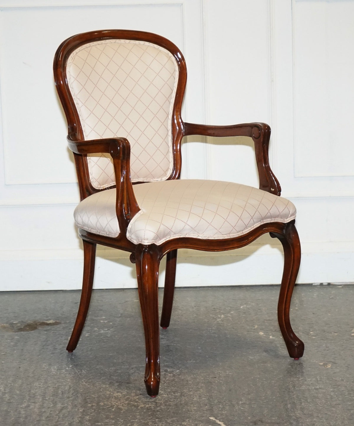 VINTAGE FRENCH STYLE WALNUT UPHOLSTERED SALON ARMCHAIR