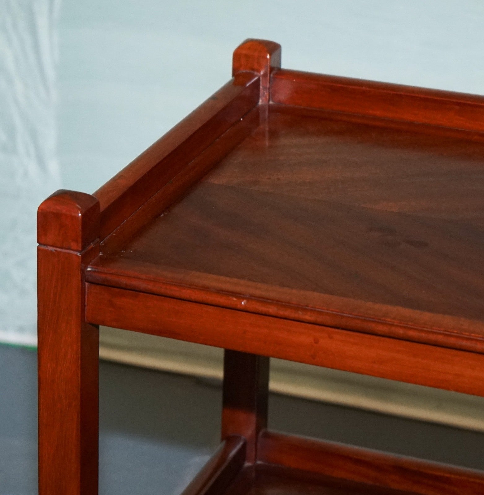 1960s VINTAGE TWO TIER WOODEN TEA TROLLET ON BRASS CASTERS