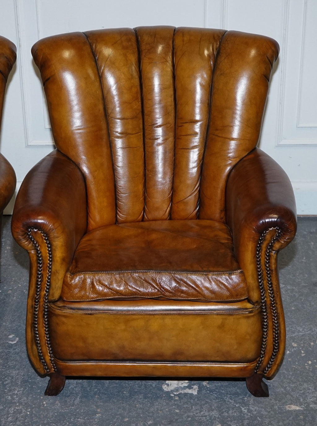 VINTAGE PAIR OF ART DECO STYLE HAND DYED LEATHER SHELL ARM CHAIRS