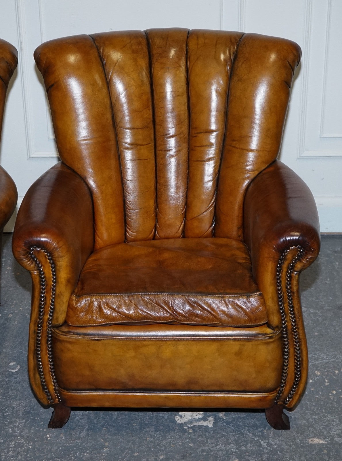 VINTAGE PAIR OF ART DECO STYLE HAND DYED LEATHER SHELL ARM CHAIRS
