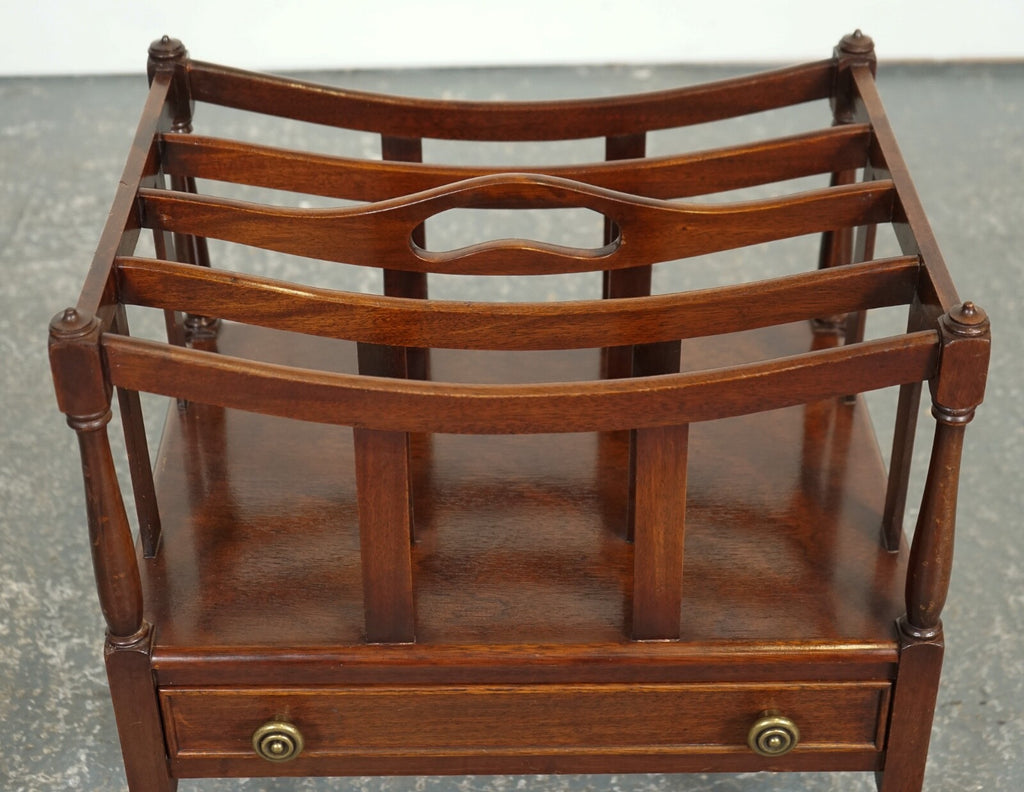 VINTAGE MAHOGANY CANTERBURY NEWSPAPER RACK WITH BRASS HANDLES