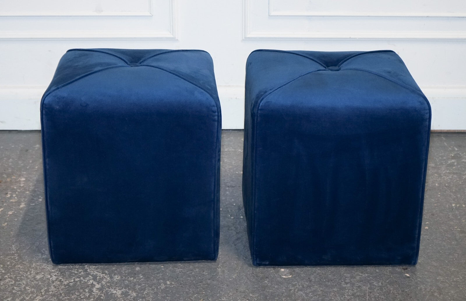 EX SHOWROOM ART DECO STYLE PAIR OF BLUE VELVET TOUCH FABRIC BLUE STOOLS