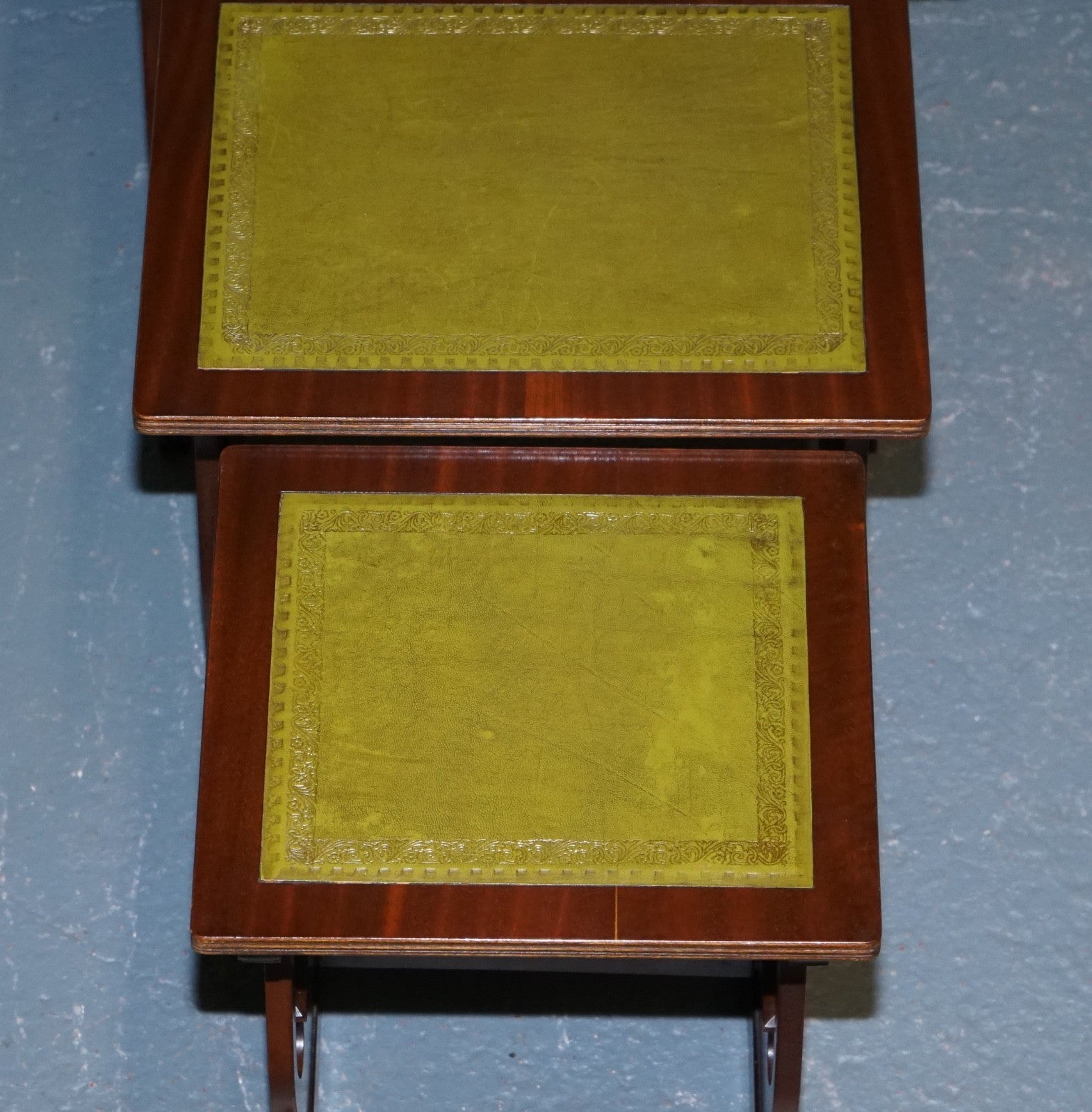 VINTAGE LYRE BASE GREEN LEATHER TOP NEST OF TABLES SIDE TABLES