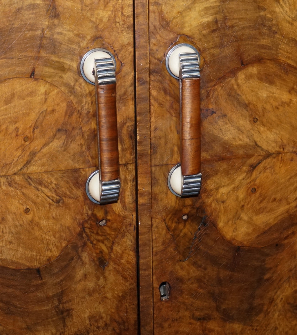 STUNNING ART DECO 1920'S PETITE BURR WALNUT TWO DOOR WARDROBE OR AMOIRE